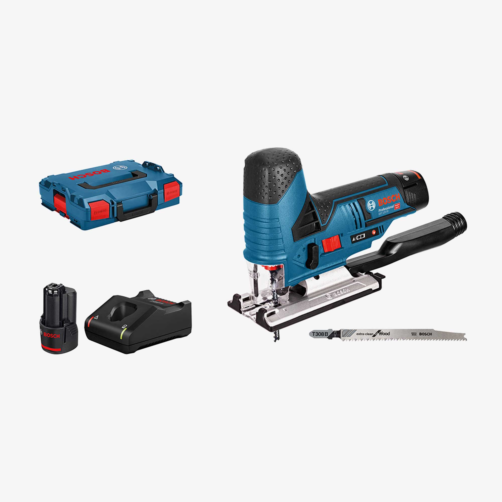 BOSCH 06015A1005 GST 12V-70 Cordless jigsaws in L-BOXX 102 with 2 x 3.0 Ah batteries, vacuum attachment