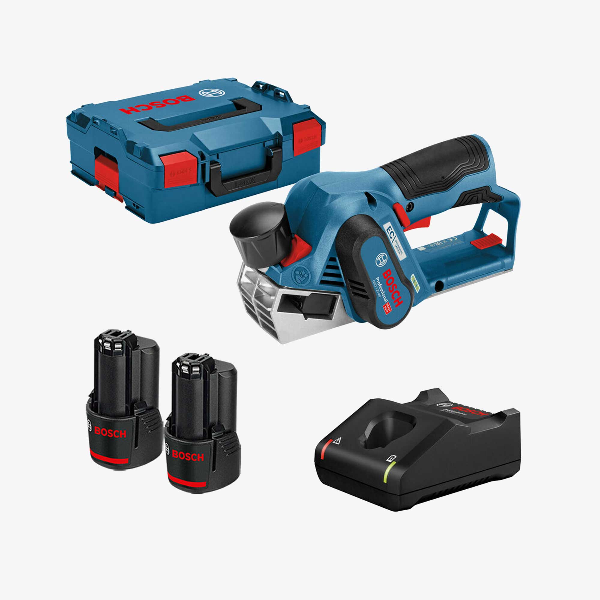 BOSCH 06015A7001 GHO 12V-20 Cordless planer in L-BOXX 136 with 2 x 3.0 Ah batteries, with fast charger 