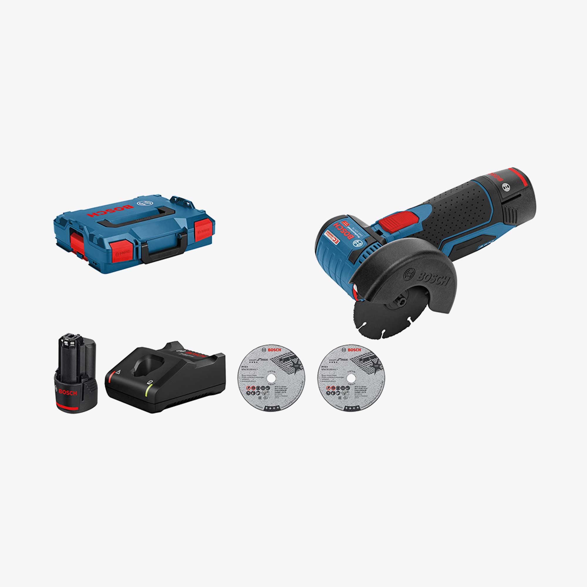 BOSCH 06019F200B GWS 12V-76 Cordless angle grinder in L-BOXX 102 with 2 x 3.0 Ah batteries, cutting-sanding plate 