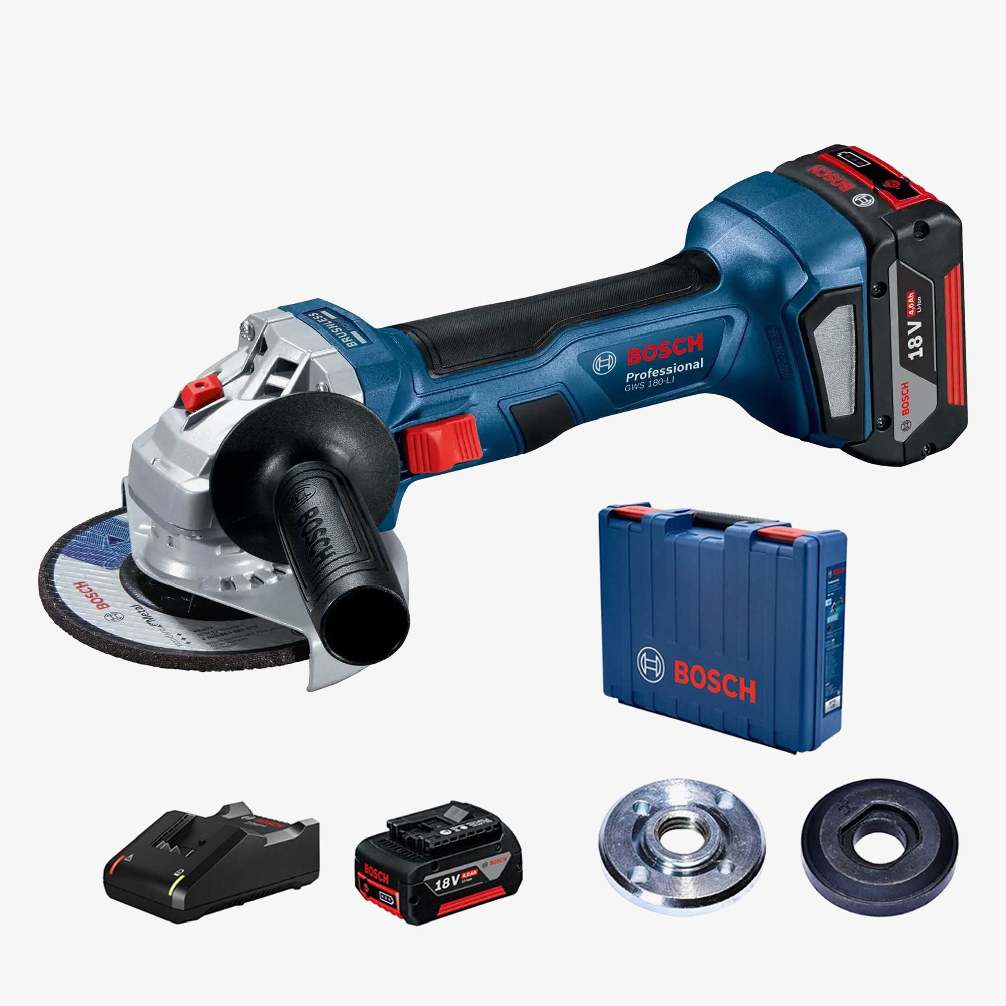 BOSCH 06019H9021 GWS 180-LI 125 mm cordless angle grinder, 2X4Ah, metal.